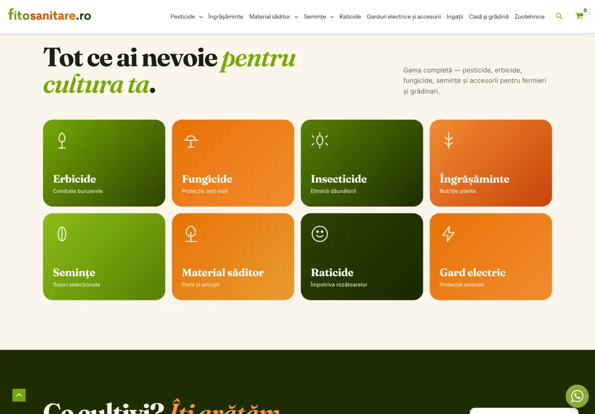 Grila de categorii: erbicide, fungicide, insecticide, îngrășăminte, semințe, material săditor, raticide și gard electric.