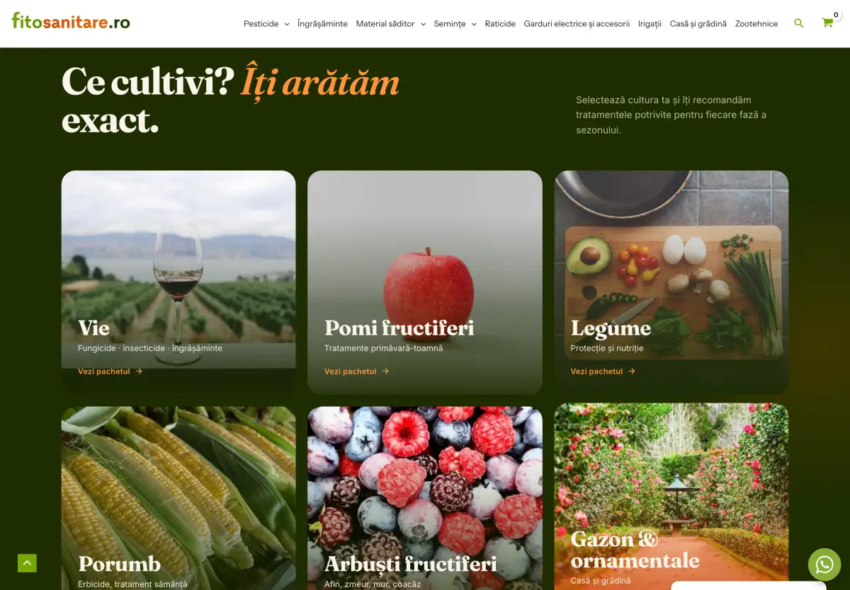 Secțiunea „Ce cultivi?" cu șase cartonașe: vie, pomi fructiferi, legume, porumb, arbuști fructiferi, gazon și ornamentale.