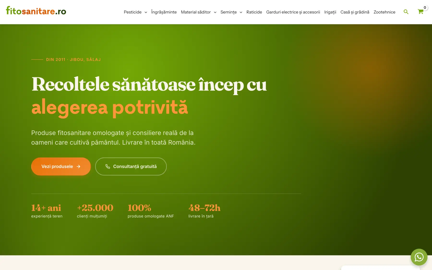 Prima pagină a magazinului: titlu mare pe fundal verde, meniu cu opt categorii și butoanele de produse și consultanță.
