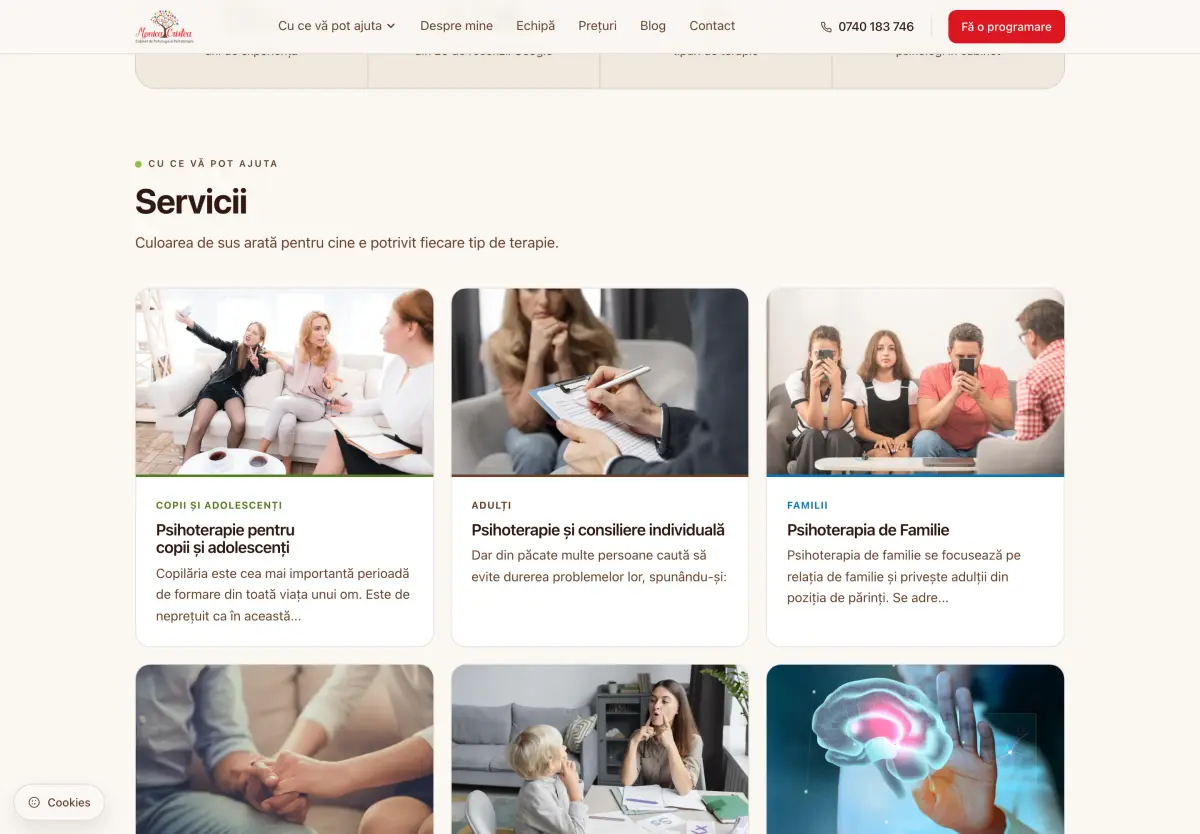 Grila de servicii: cartonașe cu fotografie, fiecare cu o dungă colorată deasupra și eticheta publicului căruia i se adresează.