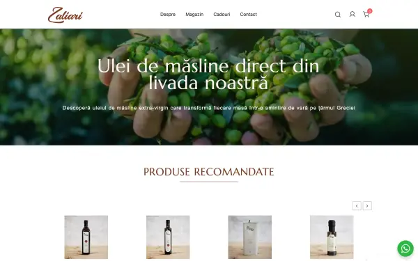 Prima pagină a magazinului: fotografie cu măsline culese în palme, titlul „Ulei de măsline direct din livada noastră" și meniul cu patru intrări.