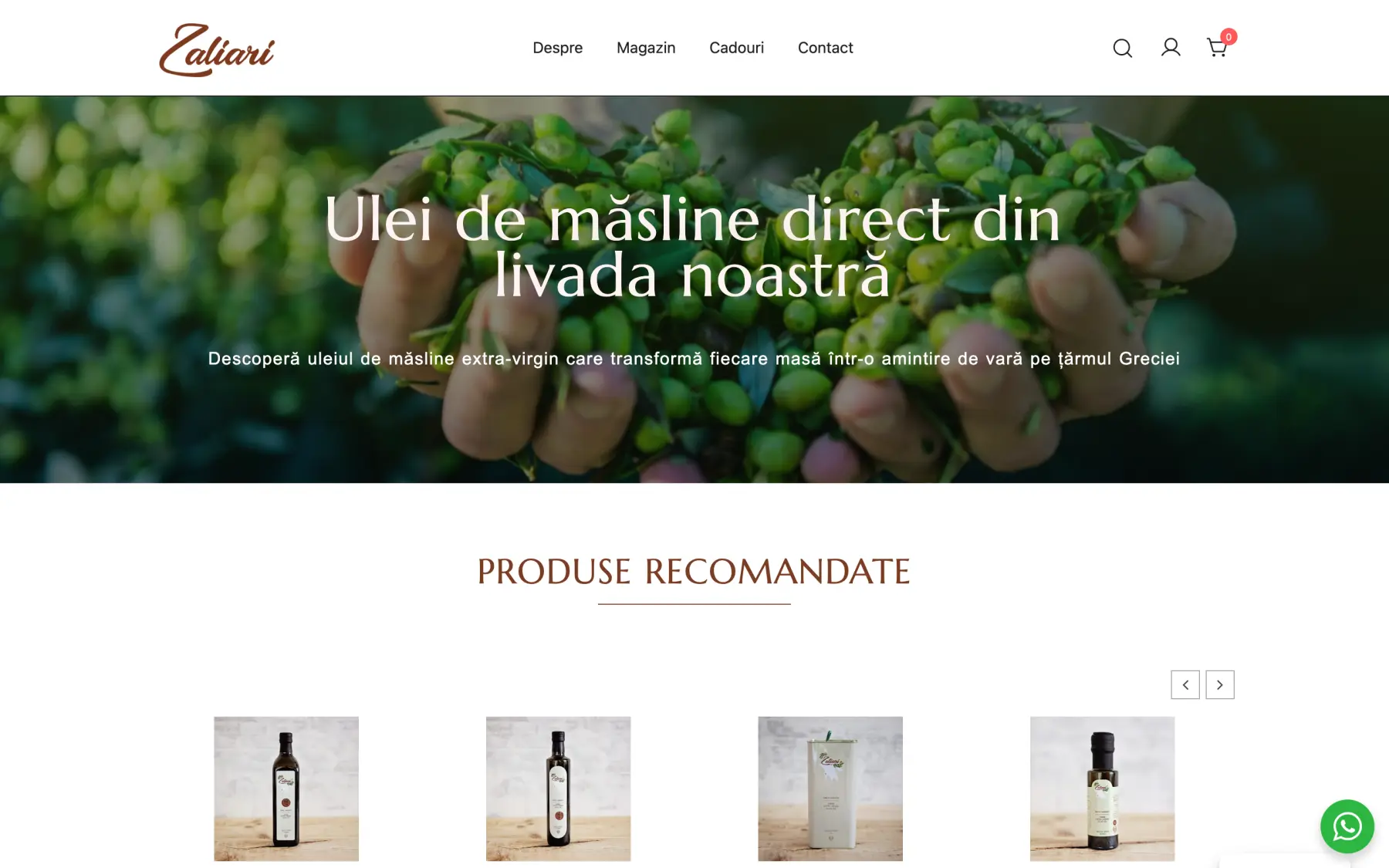 Prima pagină a magazinului: fotografie cu măsline culese în palme, titlul „Ulei de măsline direct din livada noastră" și meniul cu patru intrări.