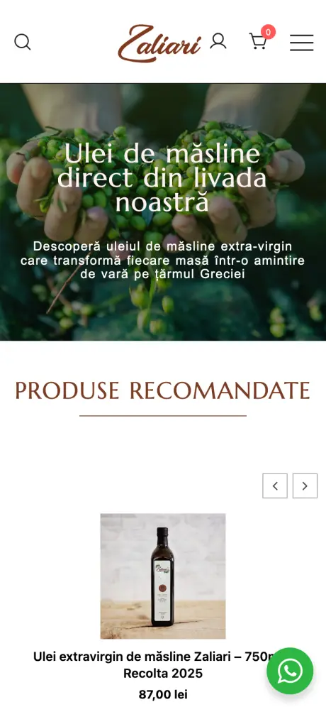 Aceeași primă pagină pe telefon, cu meniul strâns în trei linii și produsele recomandate unul sub altul.